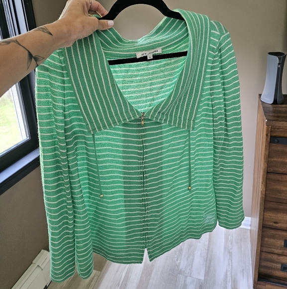 St. John Green White Stripe Sweater Jacket Zip Front - Picture 2 of 7